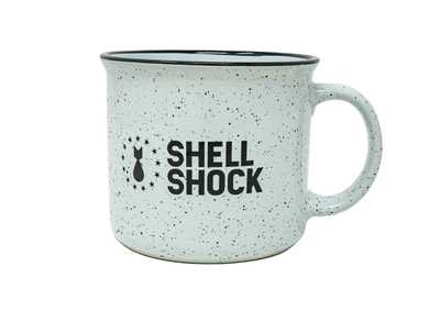 White mug with sell shock logo
