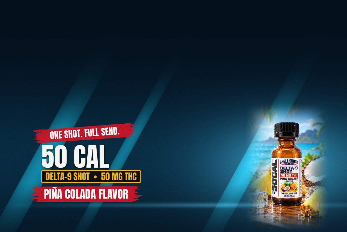 One shot. Full Send. 50 Cal Delta 9 Shot in pina colada flavor. 