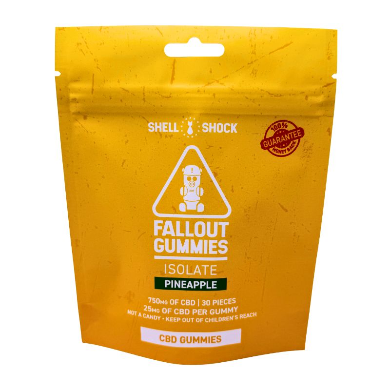Yellow package of Shell Shock Fallout Gummies with branding and product details.
