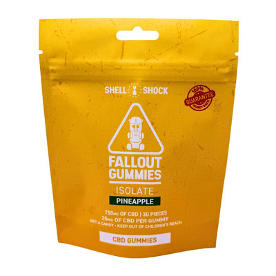 Yellow package of Shell Shock Fallout Gummies with branding and product details.