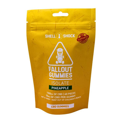 Yellow package of Fallout Gummies with branding and product details on a white background