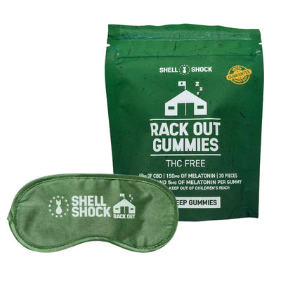 Rack Out gummies bag and green sleep mask