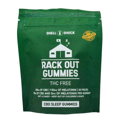 A green package of Rack Out CBD Gummies by Shell Shock, indicating THC-free, with 30 pieces, each containing 15mg of CBD and 5mg of melatonin.
