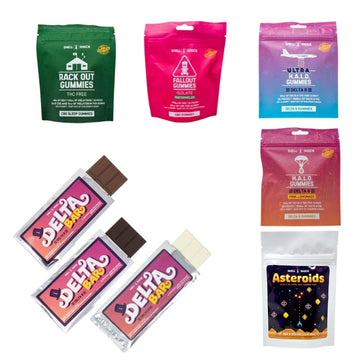 Collection of gummy packages with various colors and designs on a white background