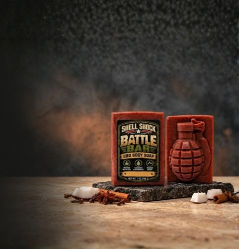 Shell Shock battle soup in bar and grenade shape sitting on table 