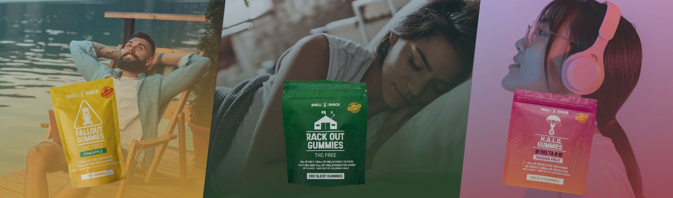 man relaxing by a lake with fall out gummies, women sleeping with rack out gummies, woman wearing headphones with halo gummies