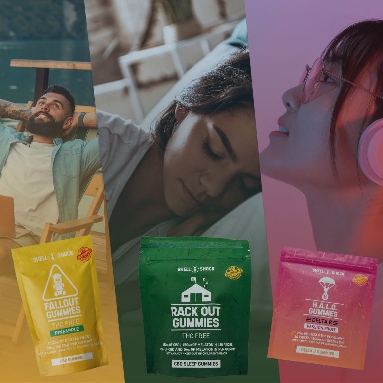 man relaxing by a lake with fall out gummies, women sleeping with rack out gummies, woman wearing headphones with halo gummies