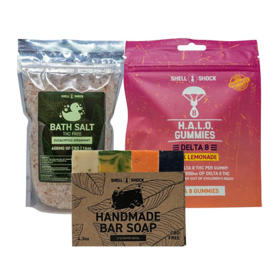 THC Relaxation Bundle including Bath Salts, Bar Soap, and HALO Gummies