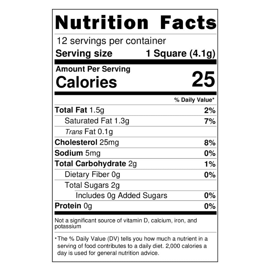 White Chocolate bar Nutrition Label