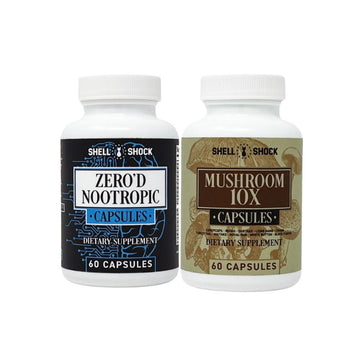 Two bottles of dietary supplements, one labeled 'Zero'd Nootropic' and the other 'Mushroom 10X', both with 60 capsules inside.
