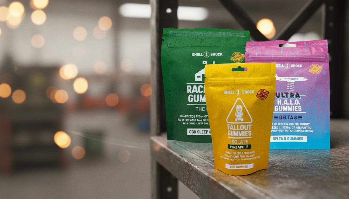Four different packages of shell shock gummies on an industrial shef