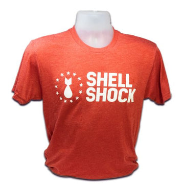 Shell Shock in white on orange shirt