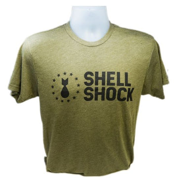 Shell Shock in black on green shirt